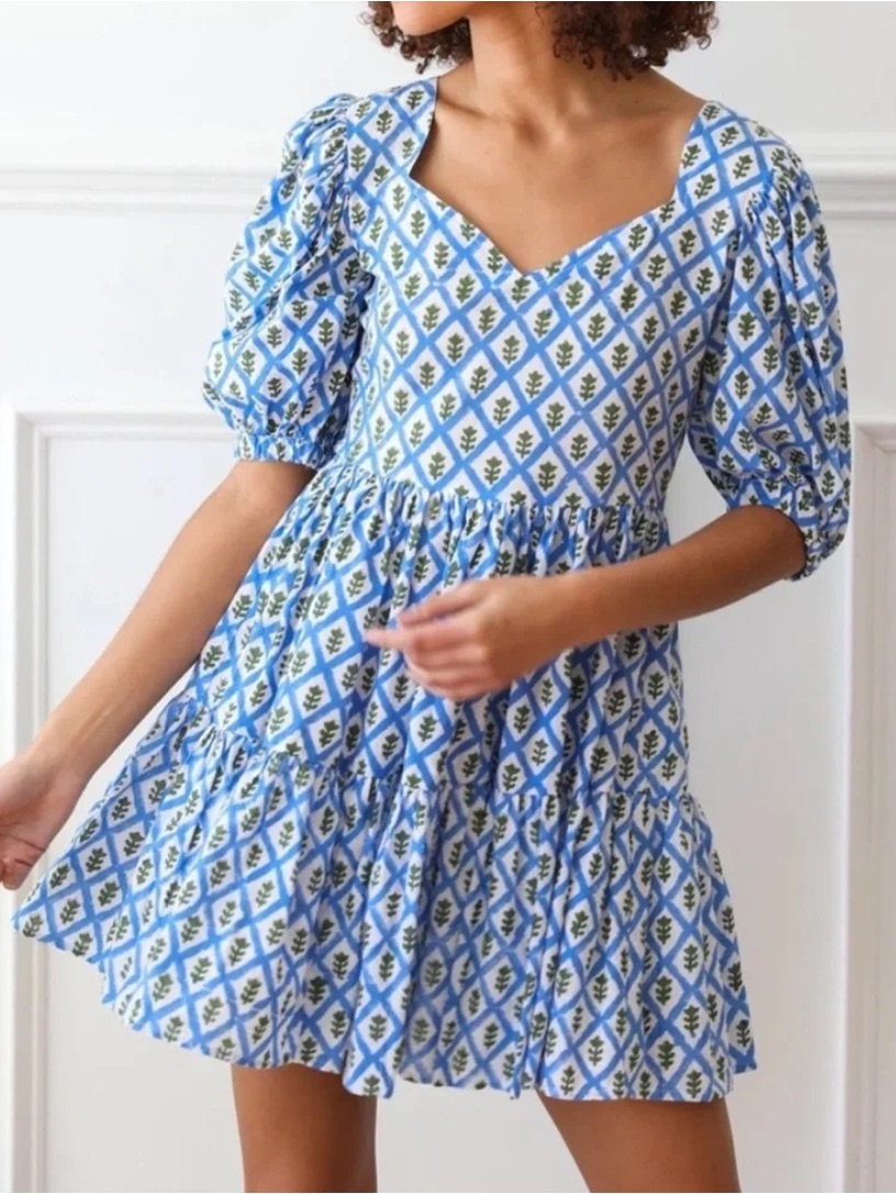 Mille Resort And Travel Aneli Dress With Blue And Green Block Print